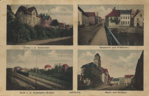 Artern, Thringen: Villen in der Bahnhofstrae; Salzdamm und Wasserstrae; Blick von der Eisenbahnbrcke