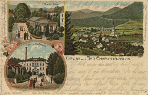 Bad Charlottenbrunn, Schlesien: Stadtansicht; Brunnenhaus; Kur- und Badehaus
