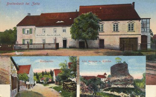 Breitenbach (b. Zeitz), Sachsen-Anhalt: Dorfpartie; Alte Kempe u. Kirche; Gasthof Breitenbach, Station Haynsburg