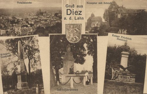 Diez, Rheinland-Pfalz: Stadtansicht; Rezeptur mit Schloss; Kriegerdenkmal