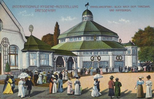 Dresden, Sachsen: Internationale Hygiene-Ausstellung 1911; Erholungspark: Blick nach dem Tanzsaal und Hippodrom