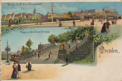 Dresden, Sachsen: Treppe zur Brühlschen Terrasse; Blick auf die Neustadt