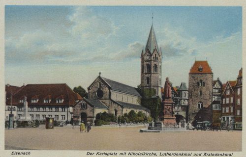 Eisenach (Thr.), Thringen: Karlsplatz mit Nikolaikirche, Lutherdenkmal und rztedenkmal