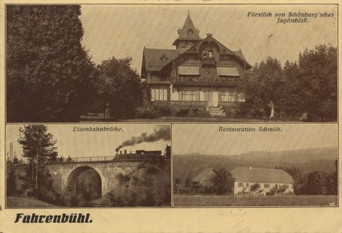 Fahrenbühl, Bayern: Fürstliches von Schönburgsches Jagdschloss; Eisenbahnbrücke; Restauration Schmidt