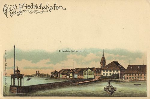 Friedrichshafen, Baden-Wrttemberg: Stadtansicht mit Seebrcke und Dampfer