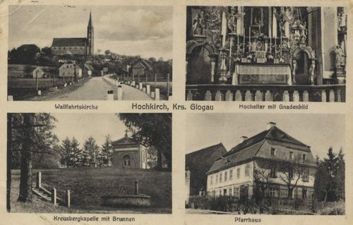 Glogau, Schlesien: Wallfahrtskirche; Hochaltar mit Gnadenbild; Kreuzbergkapelle mit Brunnen