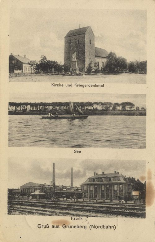 Grneberg, Brandenburg: Kirche und Kriegerdenkmal; See; Fabrik
