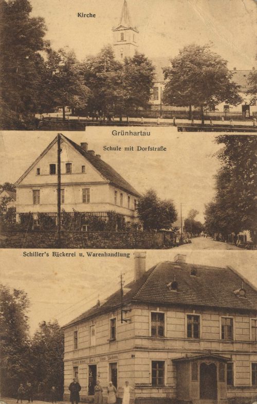 Grnhartau, Schlesien: Kirche; Schule mit Dorfstrae; Schillers Bckerei und Warenhandlung