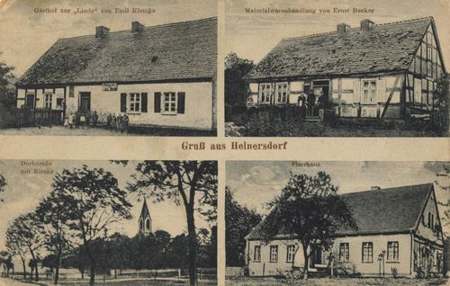 Heinersdorf, Ostbrandenburg: Gasthof Zur Linde; Dorfstrae mit Kirche; Materialwarenhandlung