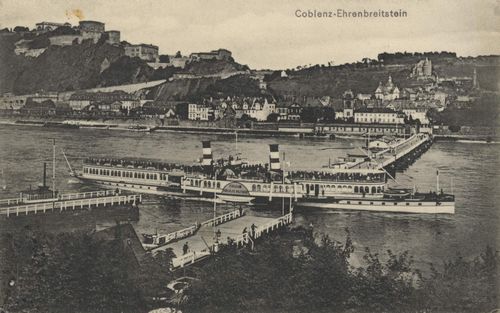 Koblenz (Rhein), Rheinland-Pfalz: Ehrenbreitenstein (Stadtansicht mit Dampfer)