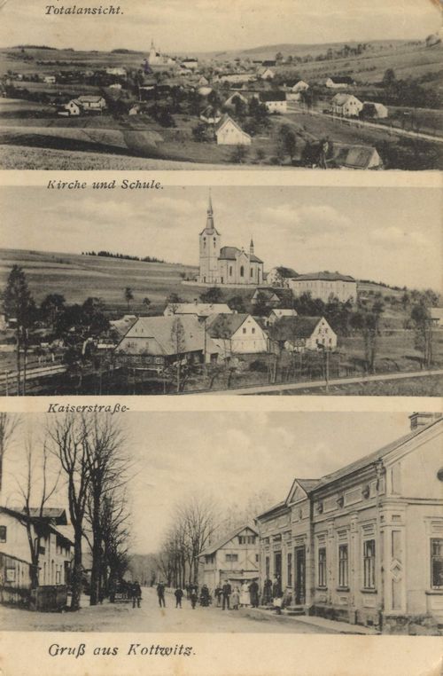 Kottwitz, Schlesien: Stadtansicht; Kirche und Schule; Kaiserstrae