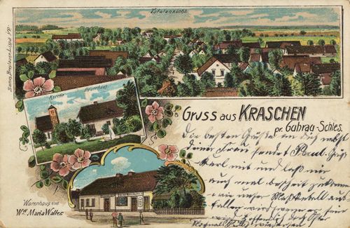 Kraschen, Schlesien: Stadtansicht; Kirche, Pfarrhaus; Warenhaus