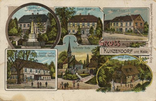 Kunzendorf, Schlesien: Kriegerdenkmal mit ev. Kantorhaus; Ev. Pastorhaus; Kath. Schule