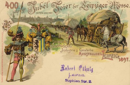 Leipzig, Sachsen: Industrie- und Gewerbe-Ausstellung 1897; Historische Ansicht und Wappen