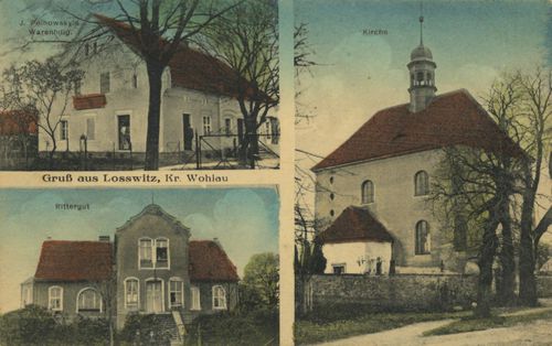 Losswitz, Schlesien: J. Pelhowsky's Warenhandlung; Kirche; Rittergut