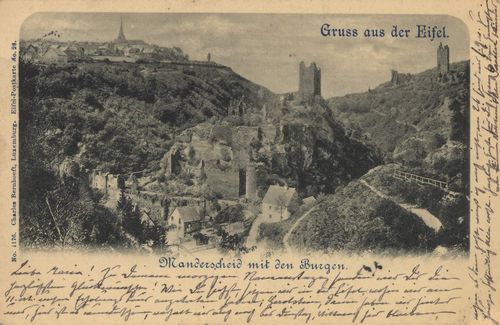 Manderscheid, Rheinland-Pfalz: Stadtansicht mit den Burgen