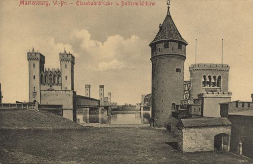 Marienburg, Westpreuen: Eisenbahnbrcke und Buttermilchturm