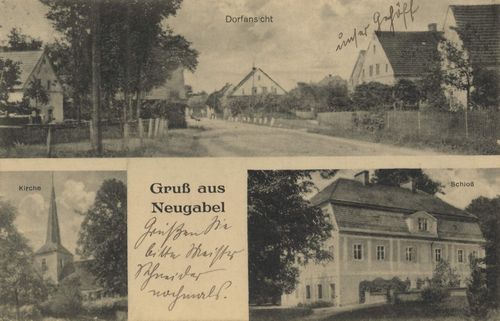 Neugabel, Schlesien: Dorfansicht; Kirche; Schloss