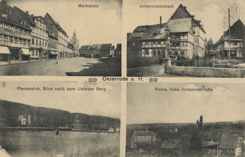Osterode a. Harz, Niedersachsen: Marktplatz; Johannisvorstadt; Pferdeteich, Blick nach dem Uehrder Berg