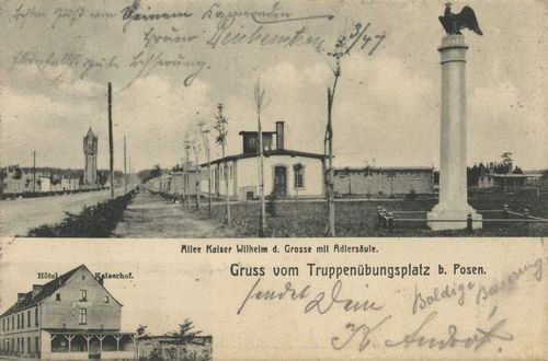 Posen, Posen: Truppenbungsplatz, Allee Kaiser Wilhelm d. Groe mit Adlersule; Hotel Kaiserhof