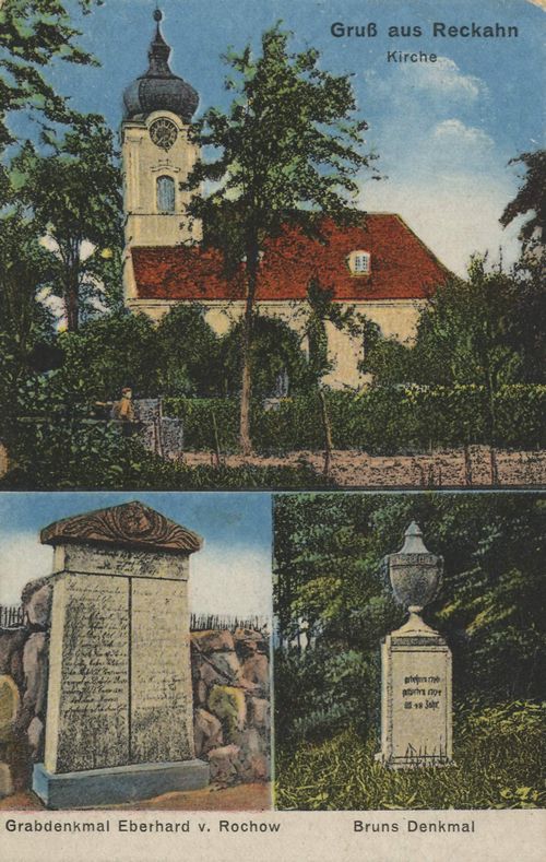 Reckahn, Brandenburg: Kirche; Grabdenkmal Eberhard v. Rochow; Brunsdenkmal