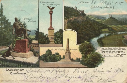 Rudelsburg, Sachsen-Anhalt: Bismarckdenkmal; Kriegerdenkmal der Corpsstudenten; Rudelsburg und Saaleck