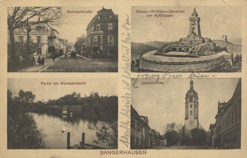 Sangerhausen, Sachsen-Anhalt: Bahnhofstrae; Kaiser-Wilhelm-Denkmal am Kyffhuser; Partie am Stadtparkteich
