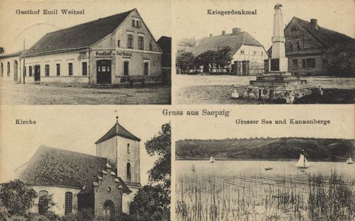 Spzig, Ostbrandenburg: Gasthof Emil Weitzel; Kriegerdenkmal; Kirche