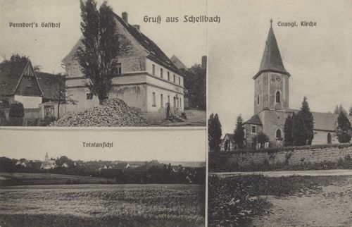 Schellbach, Schlesien: Penndorfs Gasthof; Ev. Kirche; Stadtansicht