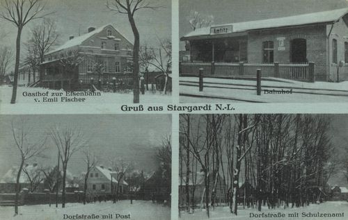Stargard (N. L.), Pommern: Gasthof Zur Eisenbahn; Bahnhof; Dorfstrae mit Postamt