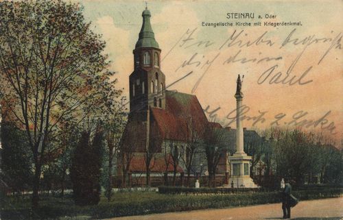 Steinau, Schlesien: Ev. Kirche mit Kriegerdenkmal