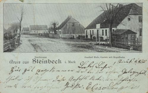 Steinbeck (Mark), Brandenburg: Dorfstrae; Gasthof Hufe, Garten mit Kegelbahn