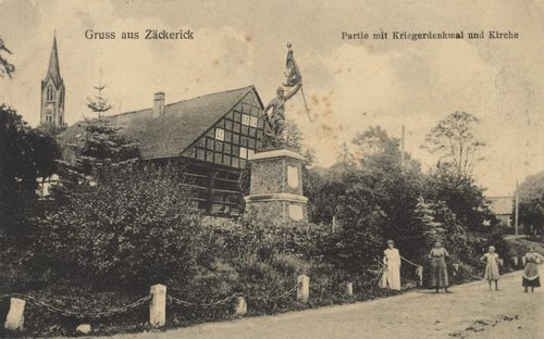 Zckerick, Ostbrandenburg: Kriegerdenkmal und Kirche; Pension und Gasthaus Deutsches Haus von Otto Bttner [2]
