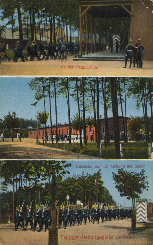 Zeithain, Sachsen: Truppenbungsplatz, An der Hauptwache; Infanteriebarackenlager; Rckkehr von der bung ins Lager