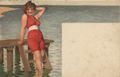 Bder/Einzelne/Frau im roten Badeanzug, ins Wasser steigend