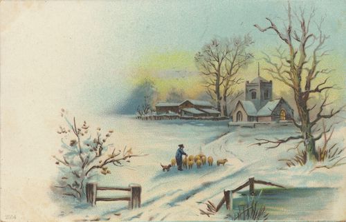Schäfer vor einer Kirche im Schnee
