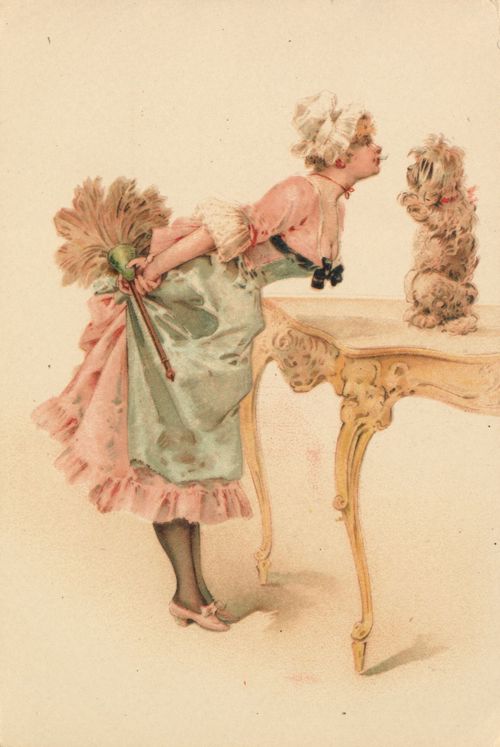 Hausmädchen mit Hündchen auf Rokokotisch