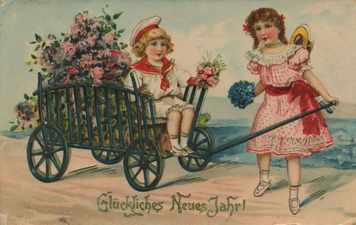 Mädchen mit Blumenwagen