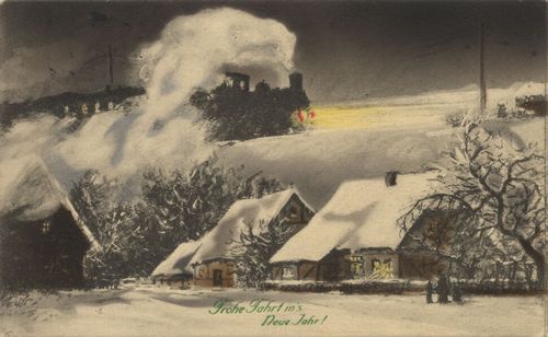 Verschneites Dorf mit Eisenbahn