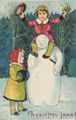 Kinder spielen mit Schneemann