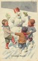 Kinder Tanzen um Schneemann