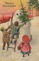 Vater und Kinder bauen Schneemann