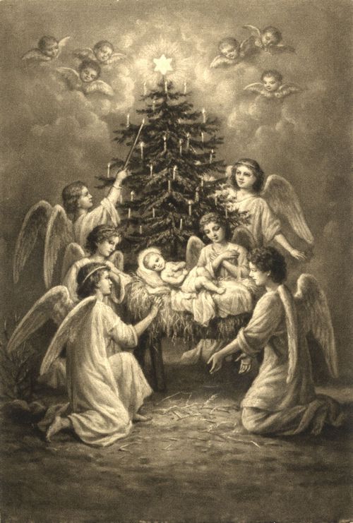Engel an der Krippe mit Weihnachtsbaum