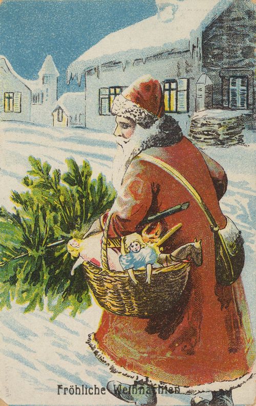 Weihnachtsmann bringt Geschenke und Baum