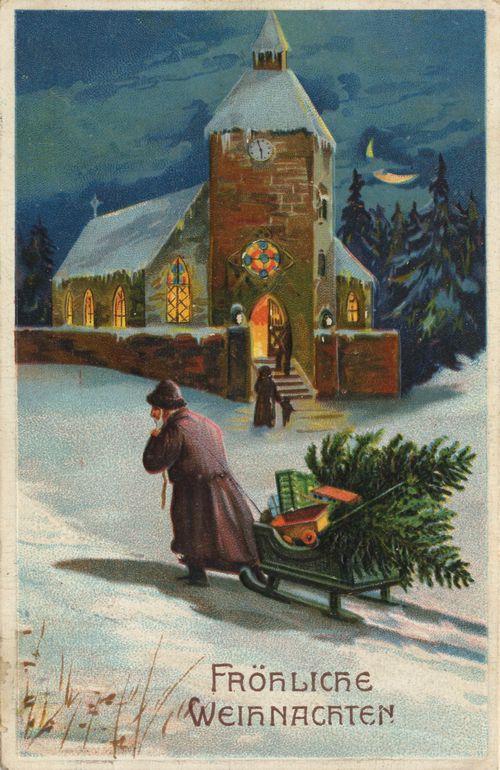 Weihnachtsmann zieht an erleuchteter Kirche vorbei