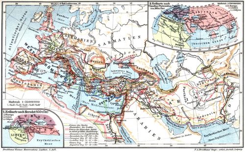 Die alte Welt. I. (Karten) 1. Erdkarte nach Herodot (450 v. Chr.) 2. Erdkarte nach Claudius Ptolemäus (ca. 160 n. Chr.)