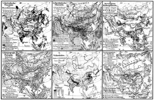 Asien. II. (Karten) 1. Geologische Übersicht und Mineralfundstätten. 2. Physikalische Übersicht. 3. ...