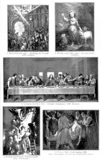 Christus. 1. Paolo Veronese (ital.): Anbetung der Könige (1573; London). 2. Murillo (gest. 1682; span.): Der gute Hirte (London). 3. Leonardo da Vinci (ital.): Heiliges Abendmahl (1498; Mailand). 4. Rubens (niederländ.): Kreuzabnahme (1612; Antwerpen). 5. F. von Uhde: Grabtragung (1896). [Mit Genehmigung der Photogr. Gesellschaft. Berlin.]
