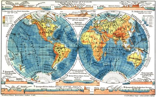 Erdkarten. I. (Karten) 1. Querprofil von Nord-Amerika auf 40° n. B. 2. Querprofil von Süd-Amerika auf 20° s. B. 3. Längsprofil von Europa auf 12° 30' ö. L. v. Gr. 4. Querprofil von Afrika auf dem Äquator. 5. Längsprofil von Asien auf 85° ö. L. v. Gr. 6. Querprofil von Australien auf 30° s. B. 7. Querprofil des Stillen Ozeans auf 30° s. B. 8. Querprofil des Atlant. Ozeans auf 13° s. B. 9. Querprofil des Indischen Ozeans auf 30° s. B.