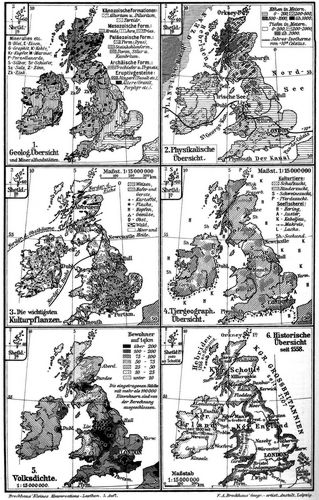 Großbritannien und Irland. II. (Karten) Geolog. Übersicht und Mineralfundstätten. Physikalische ...